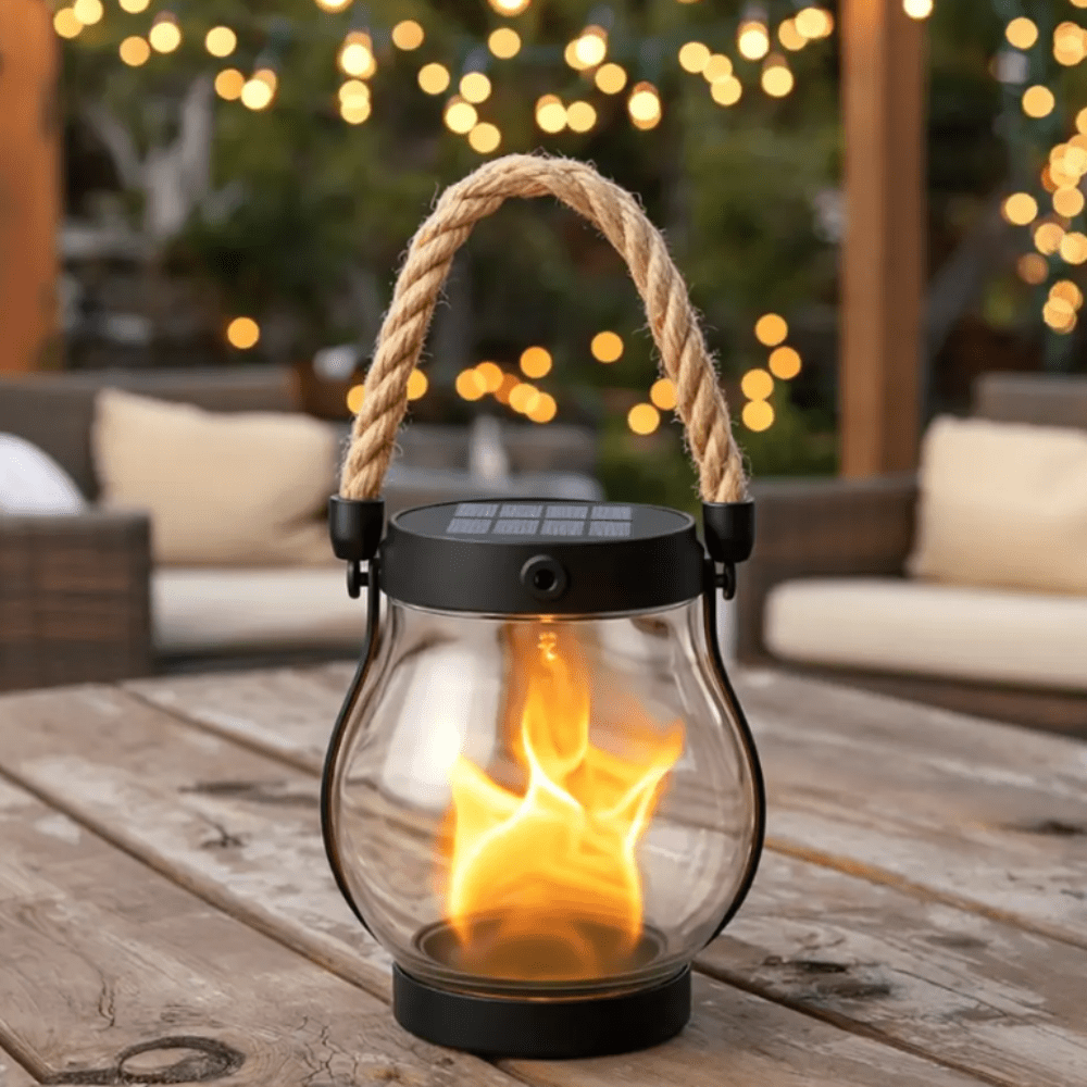 Solar hanging lantern with flame effect, designed for outdoor use, waterproof construction, perfect for enhancing garden ambiance at night. 0